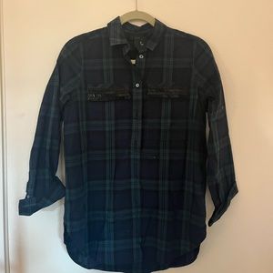 Jcrew beaded half button down plaid top. Navy and green with black beads.